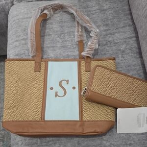 Thirty-One Tan and Light Blue Bag & Wallet Set